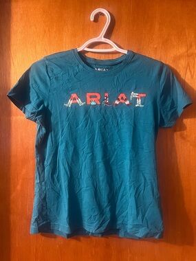 Girls Ariat Teal Short Sleeve Logo Tee with Brown Accent XL